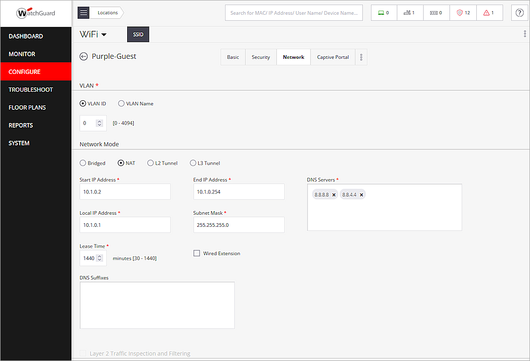 Screenshot of the SSID configuration page - Network settings